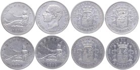 1870 *73 y 1883 * flojas. I República y Alfonso XII. Madrid. Lote de 4 monedas de 2 Pesetas. Ag. MBC a MBC+. Est.80.