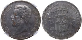 1871. Amadeo I (1871-1873). 5 Pesetas. Ag. 1871 (*18-74). D.E.-M. 
Encapsulada por NN Coins (nº 2762879-063) como VF 35. Pátina. MBC+. Est.60.