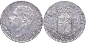 1885. Alfonso XII (1874-1885). Madrid. 50 Céntimos. Cy 17487. Ag. 2,56 g. 1885 *8*6 Madrid MS M. EBC-. Est.20.