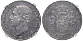 1882 /1 *18*81. Alfonso XII (1874-1885). Madrid . 2 Pesetas. MS M. Cy 17497. Ag. 10,00 g. Busto de Alfonso XII con barba /Escudo con corona . Encapsul...