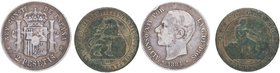 1884 y 1870. Alfonso XIII (1886-1931). Lote de dos monedas: 2 Pesetas y 5 Céntimos. MBC- y BC+. Est.6.