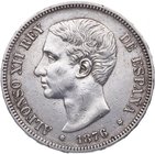 1876 *76. Alfonso XII (1874-1885). Madrid. 5 Pesetas. DEM. Cy 17504. Ag. 25,00 g. Primera estrella floja. MBC. Est.50.