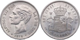 1878 *78. Alfonso XII (1874-1885). Madrid. 5 Pesetas. DEM. Cy 17506. Ag. 24,88 g. Ligeras marquitas. EBC-. Est.80.