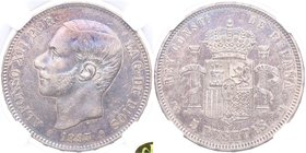 1883 (*18-83). Alfonso XII (1874-1885). Centenario de la peseta. 5 Pesetas. M.S.-M. Encapsulada por NN Coins (nº 2762879-004) como XF 45.
Ligeras rayi...