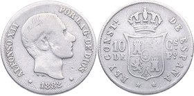 1882. Alfonso XII (1874-1885). Manila. 10 Centavos de Peso. Cy 17543. Ag. 2,54 g. BC+. Est.20.