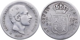 1881. Alfonso XII (1874-1885). Manila. 20 Centavos de Peso. Cy 17549. Ag. 5,08 g. Muy escasa. BC+ / MBC-. Est.60.