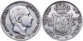 1883. Alfonso XII (1874-1885). Manila. 20 Centavos de Peso. Cy 17554. Ag. 5,12 g. Rayita en anverso. Escasa. BC+. Est.40.