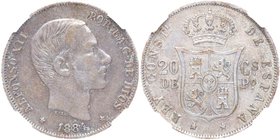 1884. Alfonso XII (1874-1885). Manila. 20 Centavos de Peso. Encapsulada por NN Coins (nº 2762879-013) como VF 35. (Leves rayitas). MBC+. Est.100.
