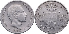 1884. Alfonso XII (1874-1885). Manila. 20 Centavos de Peso. Cy 17556. Ag. 4,93 g. Rara. BC+. Est.60.