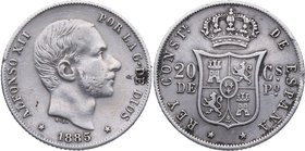 1885. Alfonso XII (1874-1885). Manila. 20 Centavos de Peso. Cy 17557. Ag. 5,20 g. MBC. Est.20.