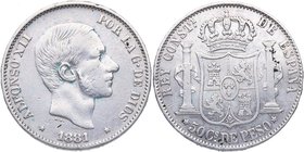 1881. Alfonso XII (1874-1885). Manila. 50 Centavos de Peso. Cy 17559. Ag. 12,70 g. Escasa. MBC. Est.50.