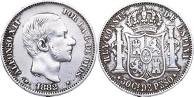 1882. Alfonso XII (1874-1885). Manila. 50 Centavos de Peso. Cy 17561. Ag. 12,88 g. BC+. Est.20.