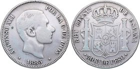 1883. Alfonso XII (1874-1885). Manila. 50 Centavos de Peso. Cy 17563. Ag. 12,80 g. BC+. Est.20.