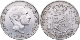 1885. Alfonso XII (1874-1885). Mania. 50 Centavos de Peso. Cy 17566. Ag. 12,81 g. MBC. Est.30.