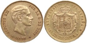 1877 *77. Alfonso XII (1874-1885). Madrid. 25 Pesetas. DEM. CY 17525. Au. 8,08 g. EBC+ / EBC. Est.350.