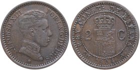 1904 *40. Alfonso XIII (1886-1931). Madrid. 2 Céntimos. Ae. 1,88 g. Rara con estrellas intercambiadas. Muy rara. MBC. Est.300.