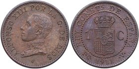 1911 *11. Alfonso XIII (1886-1931). Madrid. 1 Céntimo. PCV. Cy 17575. Ae. 1,02 g. Pátina. EBC+. Est.100.