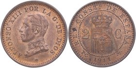 1911. España. Alfonso XIII (1886-1931). 2 Céntimos. Cu-Ni. 1,97 g. SC. Est.18.