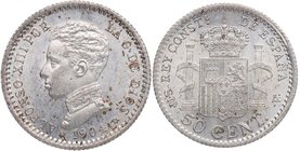 1904 *04. Alfonso XIII (1886-1931). Madrid. 50 Céntimos. SMV. Cy 17604. Ag. 2,48 g. Bella. SC. Est.30.