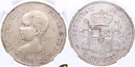 1888 (*18-88). Alfonso XII (1874-1885). Centenario de la peseta. 5 Pesetas. M. P.-M.  Encapsulada por NN Coins (nº 2762878-034) como AU 53+. EBC. Est....