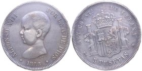 1888*88. Alfonso XIII (1886-1931). Madrid . 5 Pesetas. MSM. KM.689. Ag. 25,00 g. Encapsulada por PCGS (XF40). 37 mm. de diametro. Muy rara. EBC-. Est....