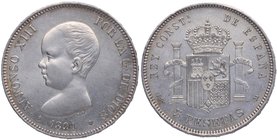 1891*91. Alfonso XIII (1886-1931). PGM. 5 Pesetas. Cy-17638. Ag. 24,75 g. EBC/EBC+. Est.180.