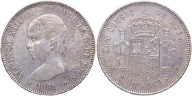 1891 (*18-91). Alfonso XIII (1886-1931). 5 Pesetas. P.G.-M. Pátina. Ag. 25,00 g. MBC+/EBC-. Est.55.