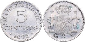 1896. Alfonso XIII (1886-1931). Puerto Rico. 5 Centavos. Cy 17657. Ag. 1,22 g. EBC. Est.100.