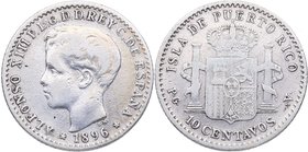1896. Alfonso XIII (1886-1931). Puerto Rico. 10 Centavos de Peso. PGV. Cy 17657. Ag. 2,50 g. MBC+. Est.120.