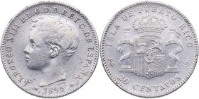 1895. Alfonso XIII (1886-1931). Puerto Rico. 20 Centavos. PGV. Cy 17659. Ag. 4,96 g. MBC+. Est.120.