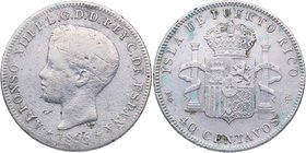 1896. Alfonso XIII (1886-1931). Puerto Rico. 40 Centavos. PGV. Cy 17660. Ag. 9,68 g. Muy escasa. BC . Est.100.