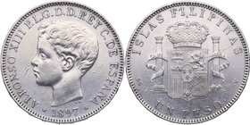 1897. Alfonso XIII (1886-1931). Manila. 1 Peso. SGV. Cy 17664. Ag. 25,16 g. Ligeramente limpiada, marca en anverso. MBC+. Est.100.