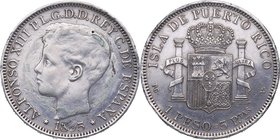 1895. Alfonso XIII (1874-1885). Puerto Rico. 1 Peso. PGV. Cy 17661. Ag. 25,00 g. Ligeramente limpiada, golpe sobre el 9 de la fecha y gopecito en cant...