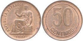 1937. II República (1931-1939). Castellón. 50 Céntimos. Ae. Sin estrellas y orlas cuadradas. Muy escasa. SC-. Est.80.