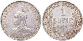 1911 dC. Africa. Alemania del Este. 1 Rupia. J. KM #10. Ag. 11,66 g. EBC. Est.80.
