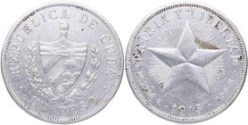 1915. Cuba. I República. 1 Peso. K 15.1 (30 $). Ag. 26,65 g. Estrella alto relieve. Rayitas. 
EBC,  restos de brillo original. EBC. Est.50.