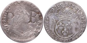 1693. Luis XIV (1643-1715). Rey de Francia y de Navarra​. Paris. 1 Ecu. KM-298.1. Ag. 2,12 g. Interesante.  Tiene grabadas las letras P y B. MBC. Est....