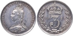 1887. Great Britain. Victoria. 3 Pence. KM# 758. Ag. 1,42 g. Prooflike. MS61. SC. Est.60.