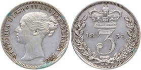 1878. Great Britain. Victoria. 3 Pence. KM# 730. Ag. 1,48 g. Prooflike. MS60. SC-. Est.50.