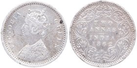 1862. India Británica. 2 Annas. KM# 469. Ag. 1,41 g.  Anv. Reina Victoria I de Inglaterra EBC . Est.12.