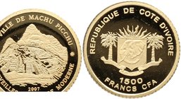 2007 dC. Republica de Costa de Marfil. Laurent Gbagbo (2000 – 2011). 1500 Francos. KM# 7. Au. 1,00 g. Maravillas del mundo. Machu Pichu. Est.100.