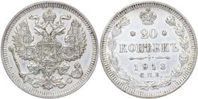 1913. Rusia. Nicholas II. San Petersburgo. 20 Kopeks. Km-Y22a.1. Ag. 3,67 g. SC-/SC. Est.20.