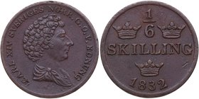 1832. Suecia. Carlos XIV. Estocolmo. 1/6 Skillins. KM-634. Ae. 2,80 g. EBC. Est.15.