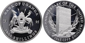 1995. Uganda. 1000 Shillings. KM 40. Ag. 50 aniversario de Naciones Unidas. PROOF. Est.25.