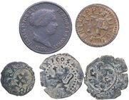 1602, 1603, 1678 y 1856. España. Felipe III, Carlos II e Isabel II. Burgos, Segovia, Zaragoza. Lote de 5 monedas: 4ud de 2 Maravedís y 1ud de 10 Cénti...