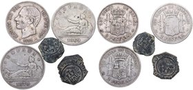 1603, 1604, 1869, 1870 y 1882. España. Felipe III, 1º República y Alfonso XII.  Lote 5 monedas: 1 ud de 2 Maravedís, 1 ud de 4 Maravedís y 3 ud de 2 P...