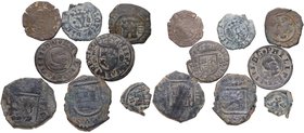 1621, 1624, 1625 y 1661. España. Reyes Católicos y Felipe IV.  Cuenca, Toledo, Segovia y Burgos. Lote 8 monedas: 2ud de Blanca, 1 ud de 2 Maravedís, 1...