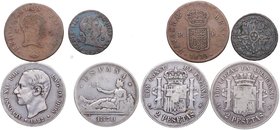 1830 a 1882. España. FERNANDO VII, 1º REPÚBLICA y ALFONSO XII.  Lote 4 monedas: 1 ud de 2 Maravedís, 1 ud de 3 Maravedís y 2ud de 2 Pesetas . Ae. - 3 ...