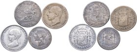 1870, 1878, 1882 y 1891. España. FALSAS de ÉPOCA. Lote 4 monedas: 1 ud de 1 Peseta y 3 ud de 2 Pesetas . Calamina, Latón y Ar. 2 Pesetas 1891 Vti-87F ...