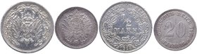 1914 A y 1874 A. Alemania. Imperio. Lote de 2 monedas de 1/2 Mark y 20 Pfenning. KM 5. Ag. -1/2 Mark 1914. Ag 2,79gr
- 20 Pfennig 1874. Ag 1,14gr. EBC...